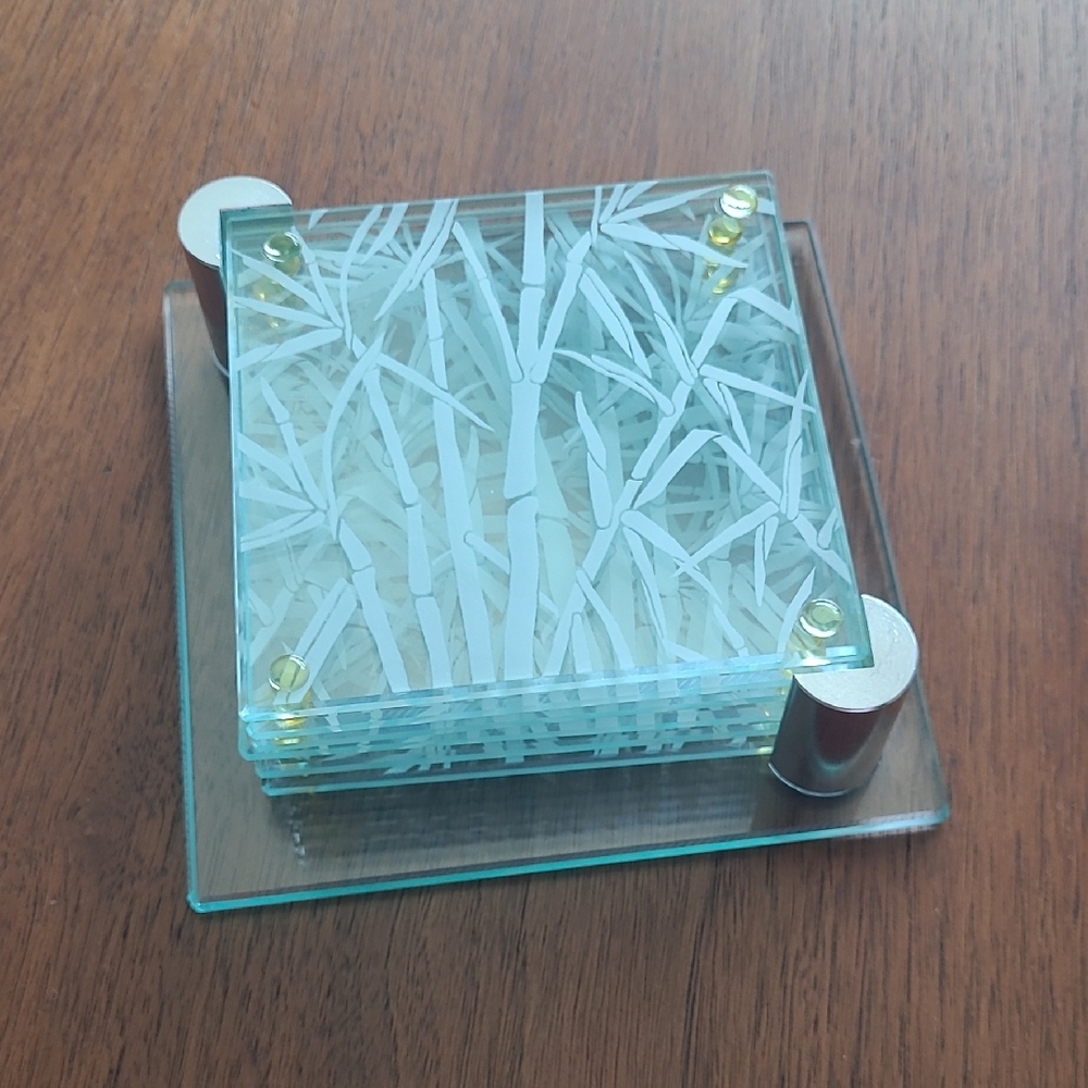 Elegant Glass Coaster Set with Bamboo Design